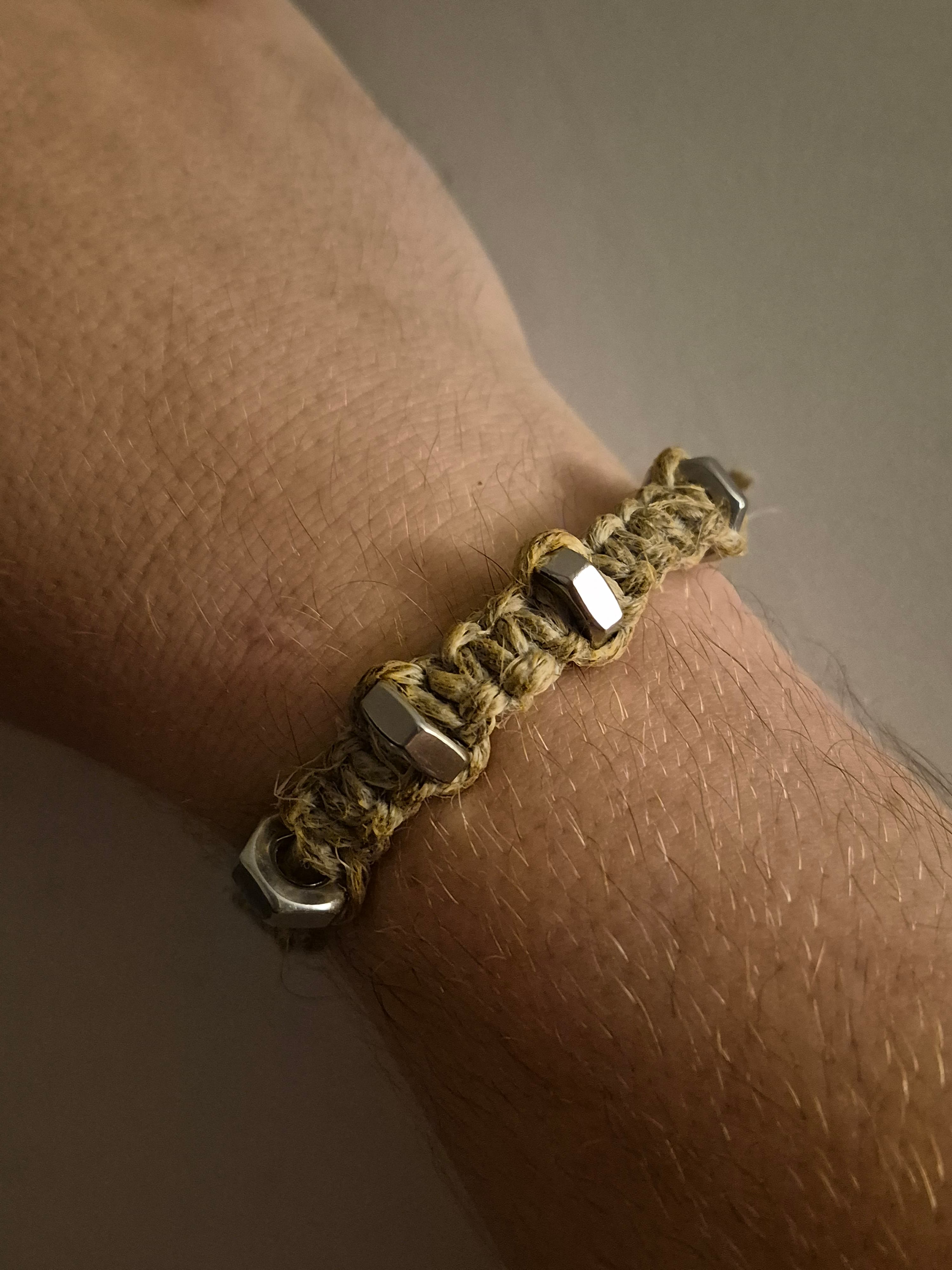 Flat hemp bracelet w/stainless steel nuts